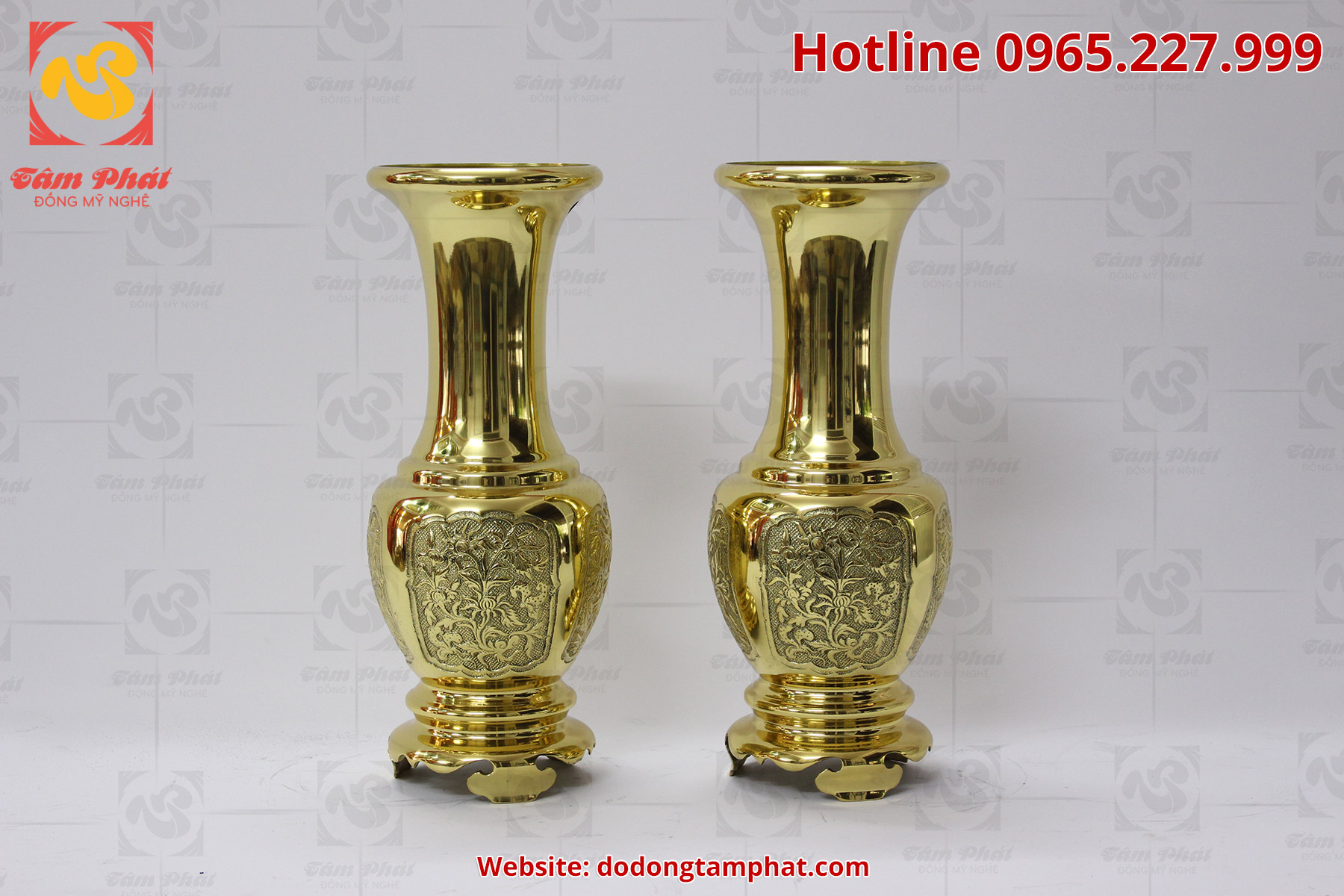 Lọ hoa bông cúc bằng đồng màu vàng cao 30 cm