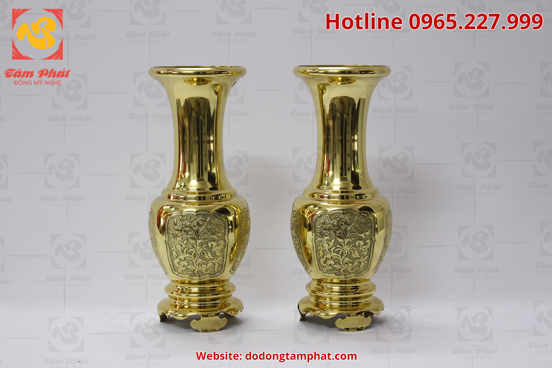 Lọ hoa bông cúc bằng đồng màu vàng cao 30 cm