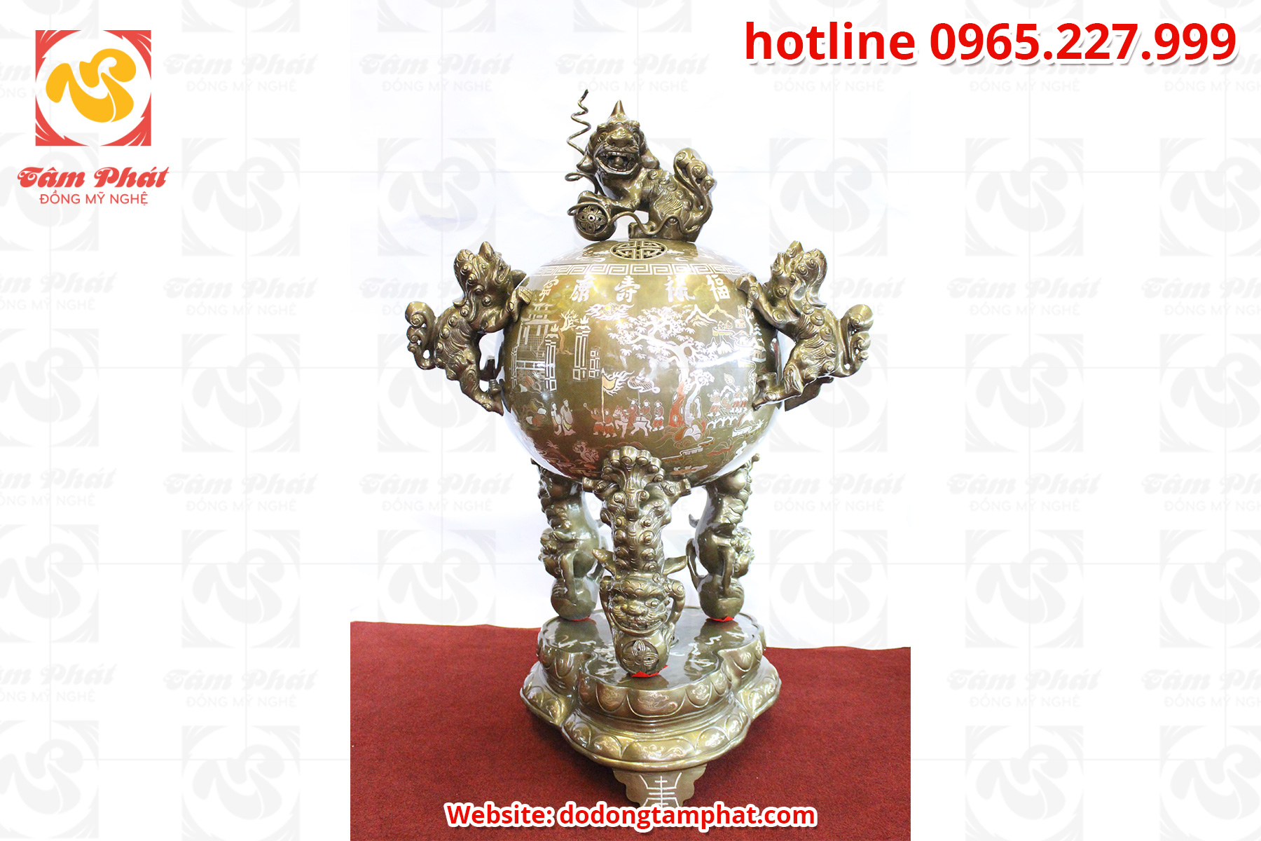 Đỉnh quả bóng đồng đỏ khảm tam khí cao 1,2m