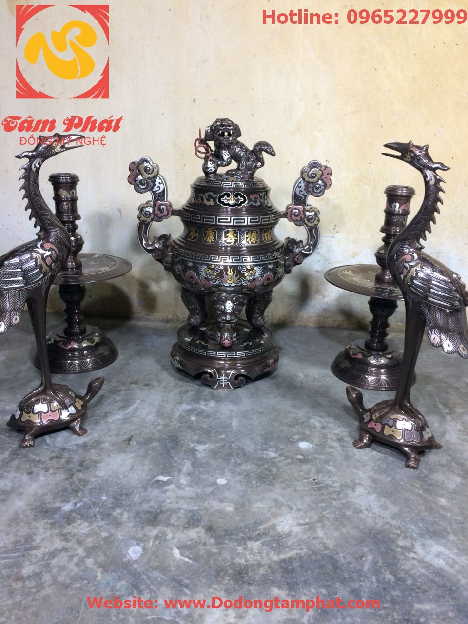 Bộ ngũ sự đồng đỏ khảm ngũ sắc 60cm