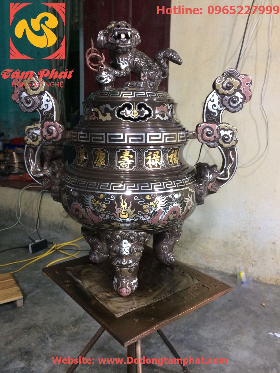 Bộ ngũ sự đồng đỏ khảm ngũ sắc 60cm