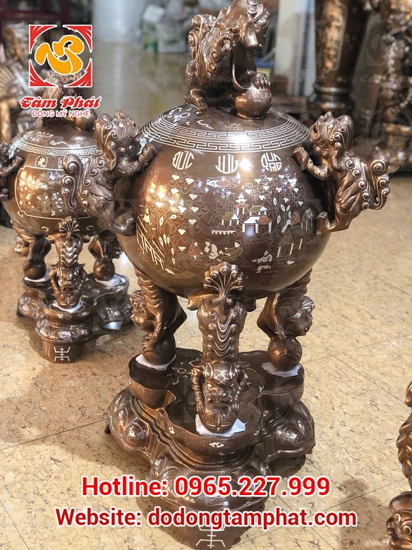 Đỉnh thất lân vờn cầu khảm tam khí “ Phúc Lộc Thọ Khang Ninh” cao 90cm cực tinh xảo