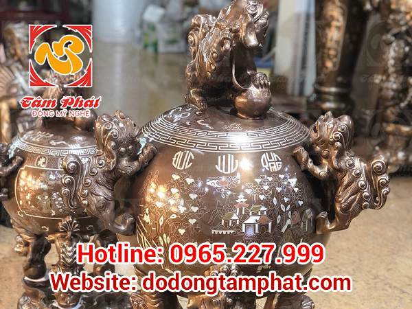 Đỉnh thất lân vờn cầu khảm tam khí “ Phúc Lộc Thọ Khang Ninh” cao 90cm cực tinh xảo