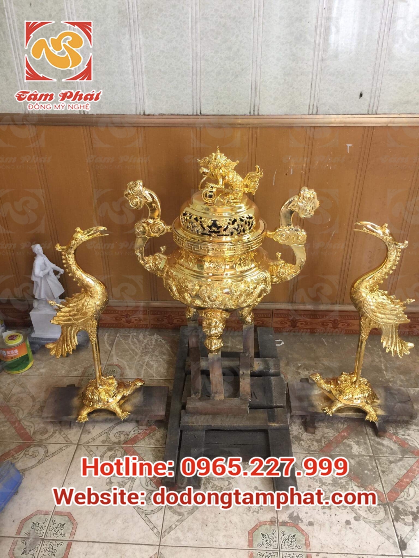 Bộ tam sự đồng đỏ cao 70cm đúc nguyên chất mạ vàng 24K