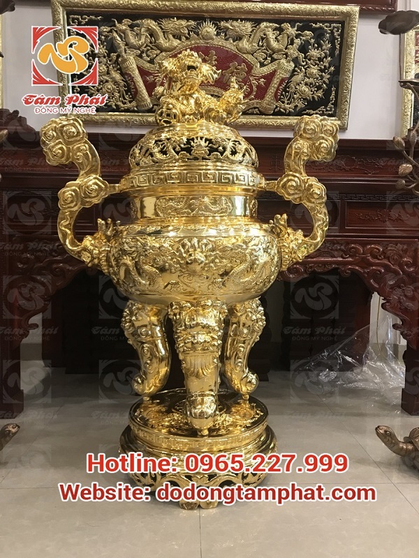 Đỉnh đồng đỏ đúc thủ công mạ vàng 70cm