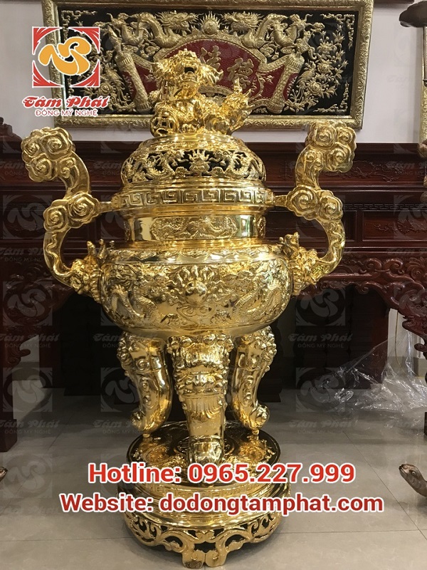 Đỉnh đồng đỏ đúc thủ công mạ vàng 70cm