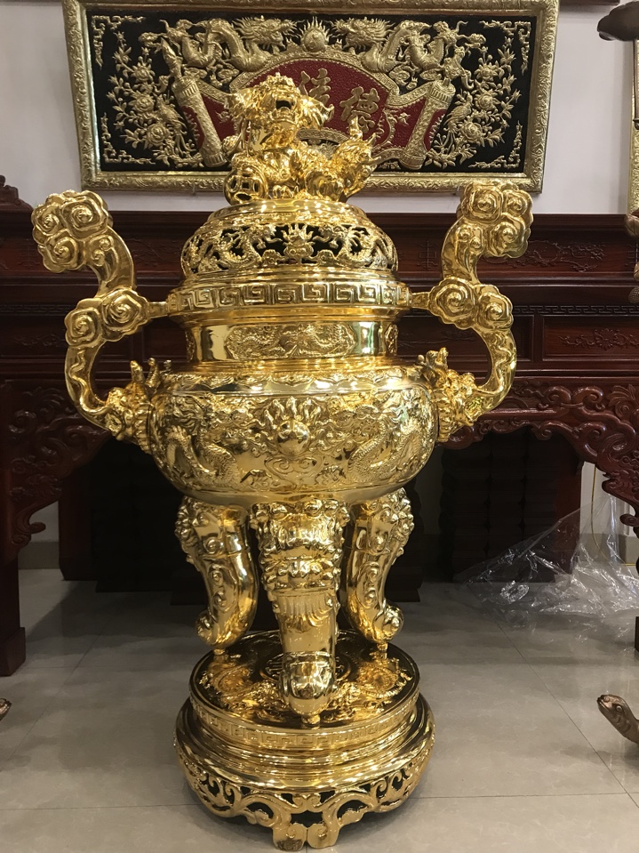 Đỉnh đồng đỏ đúc thủ công mạ vàng 24K cao 70cm