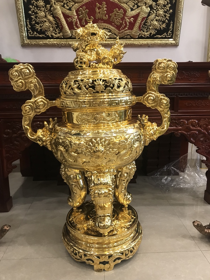 Đỉnh đồng đỏ đúc thủ công mạ vàng 24K cao 70cm