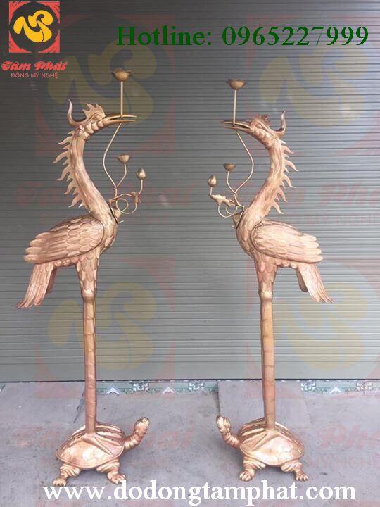 Đôi hạc bằng đồng màu mộc cao 1m8, ngậm hoa sen
