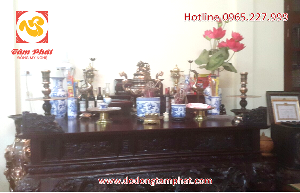 Bộ đồ thờ ngũ sự bằng đồng đỏ 5 chữ nổi Phúc Lộc Thọ Khang Ninh