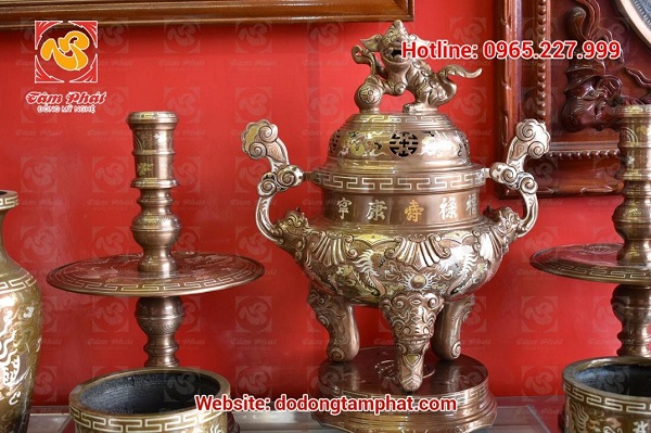 Bộ ngũ sự đỉnh đồng khảm ngũ sắc cao 50cm