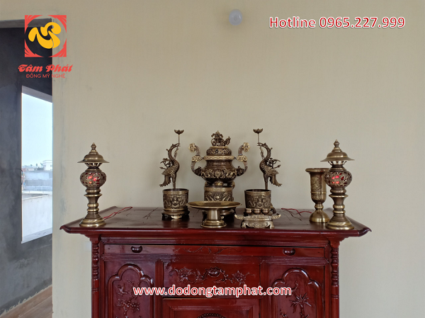 Bộ ngũ sự đồng vàng hun xuống màu giả cổ cao 45cm