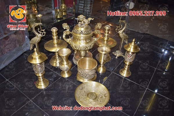 Bộ ngũ sự đồng vàng màu mộc, đỉnh Phúc Lộc Thọ cao 60cm