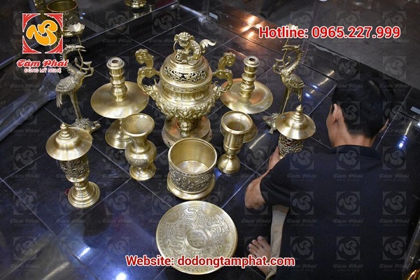 Bộ ngũ sự đồng vàng màu mộc, đỉnh Phúc Lộc Thọ cao 60cm