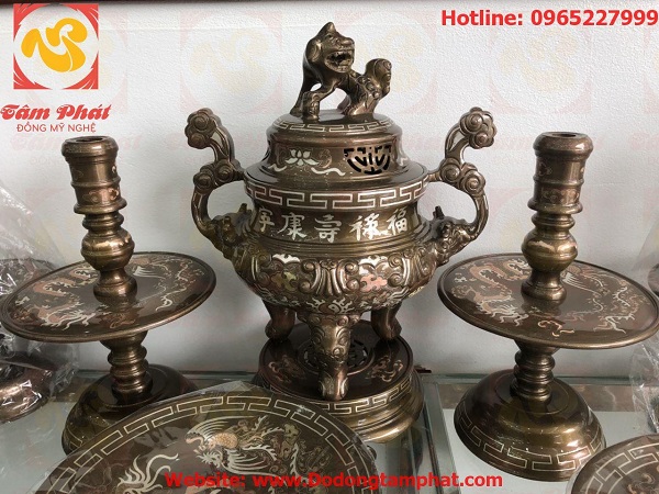 Bộ tam sự đỉnh đồng khảm 5 chữ bạc cao 55cm