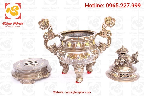 Đỉnh đồng khảm ngũ sắc sang trọng, 5 chữ vàng cao 60cm