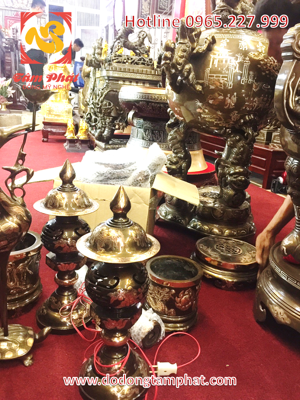 Đỉnh đồng thất lân vờn cầu cao 110cm khảm bạc hàng kỹ
