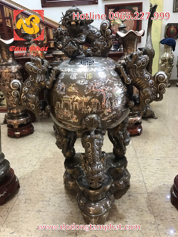 Đỉnh đồng thất lân vờn cầu khảm ngũ sắc cao 1m1