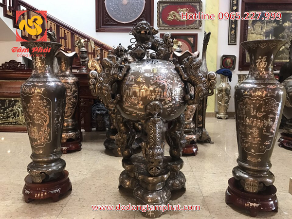 Đỉnh đồng thất lân vờn cầu khảm ngũ sắc cao 1m1