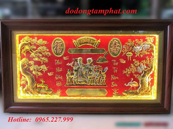 Tranh đồng mừng thọ cụ ông, cụ bà nền sơn đỏ khung gỗ