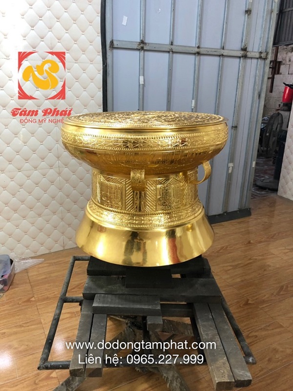 Trống đồng Đông Sơn đường kính 50cm thếp vàng 9999