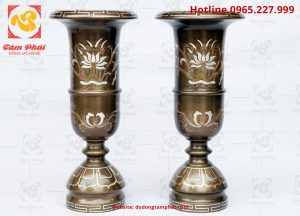 Ống cắm hương bằng đồng đỏ khảm tam khí cao 35cm