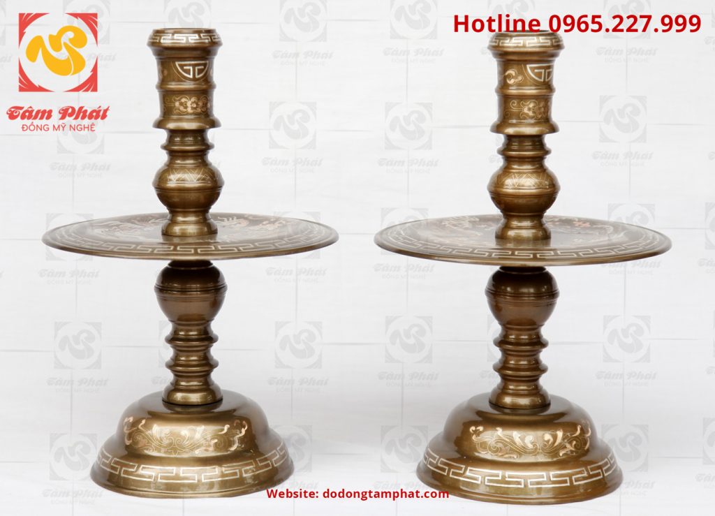 Đôi nến bằng đồng đỏ khảm tam khí co 40cm