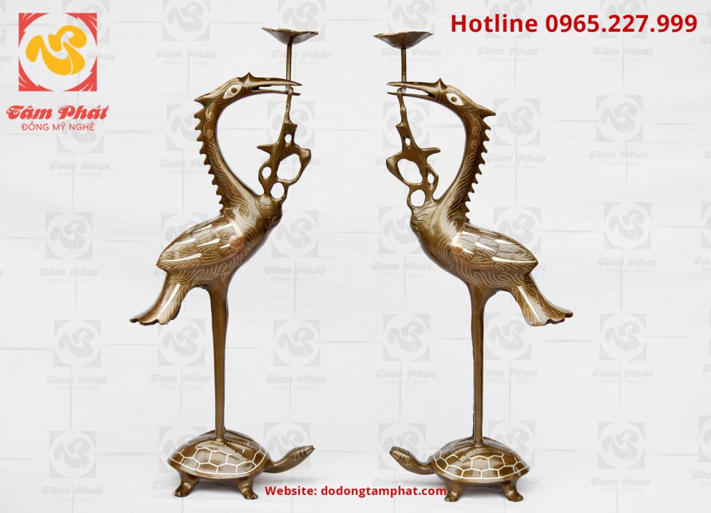 Hạc đồng khảm tam khí ngậm hoa sen cao 60cm