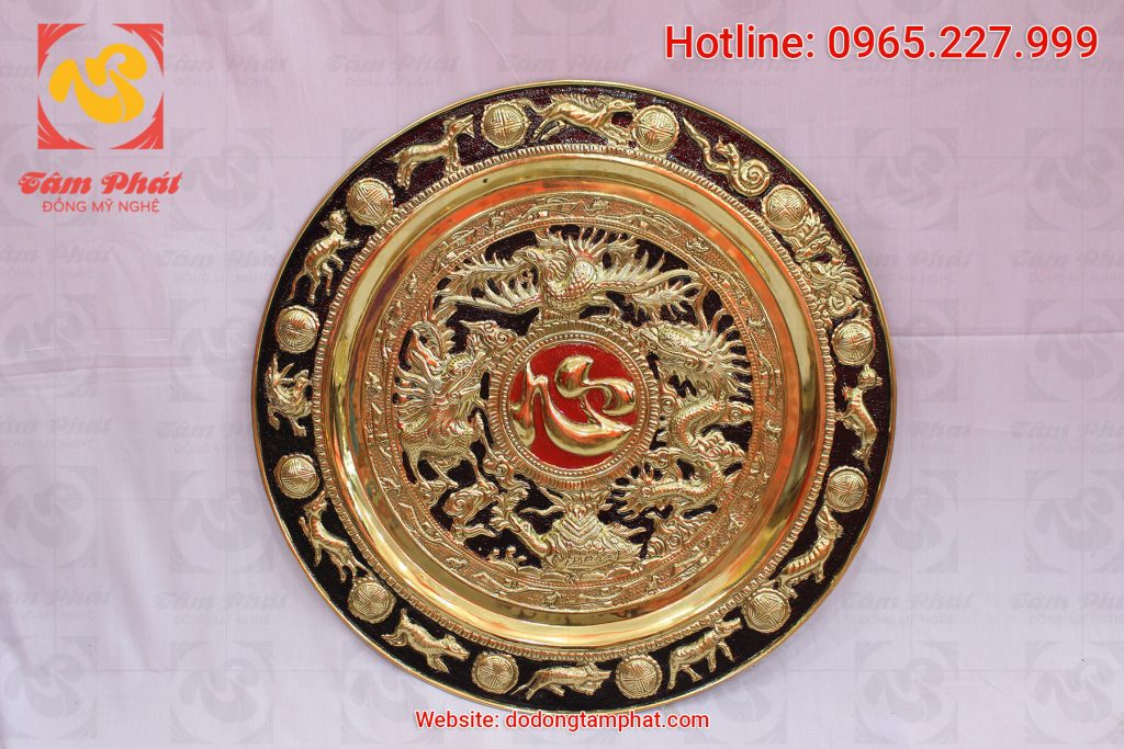 Tranh đồng mâm đồng chữ Tâm mạ vàng đường kính 50 cm