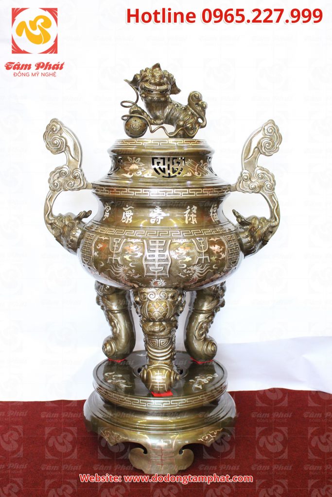 Đỉnh đồng cao cấp đồng đỏ khảm tam khí cao 1,2 m