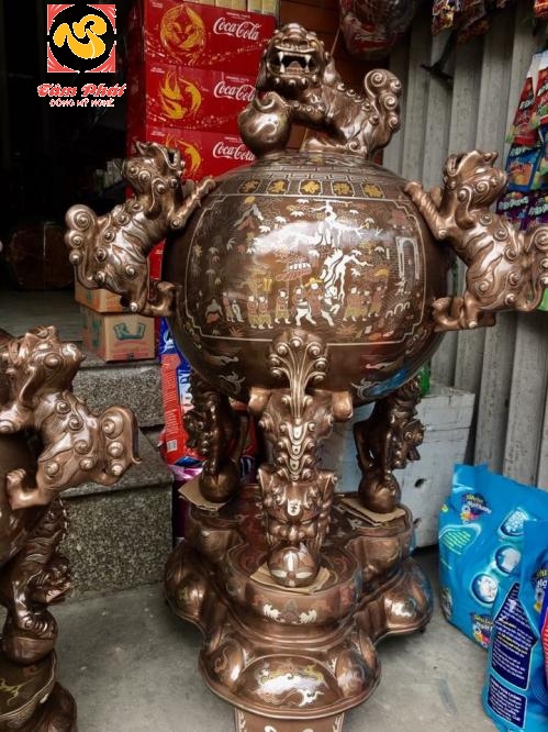 Đỉnh thất lân vờn cầu đồng đỏ khảm ngũ sắc cao cấp