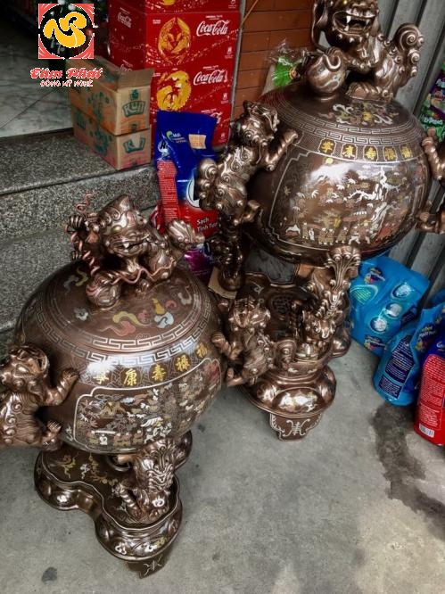 Đỉnh thất lân vờn cầu đồng đỏ khảm ngũ sắc cao cấp