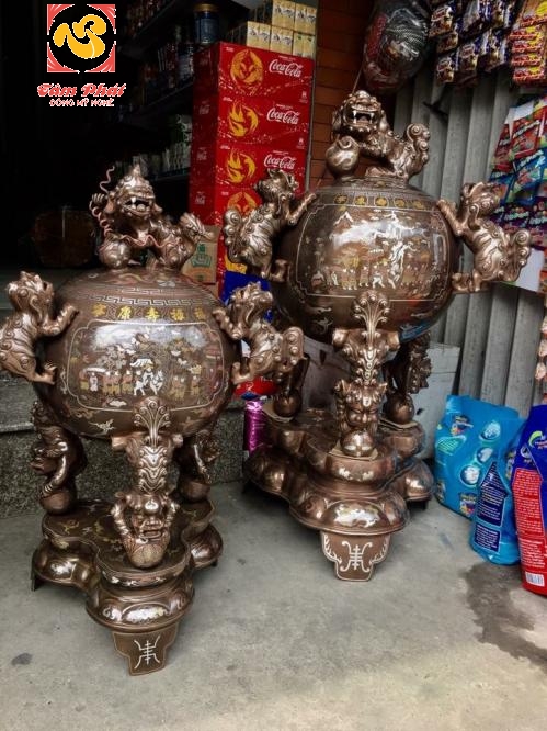 Đỉnh thất lân vờn cầu đồng đỏ khảm ngũ sắc cao cấp