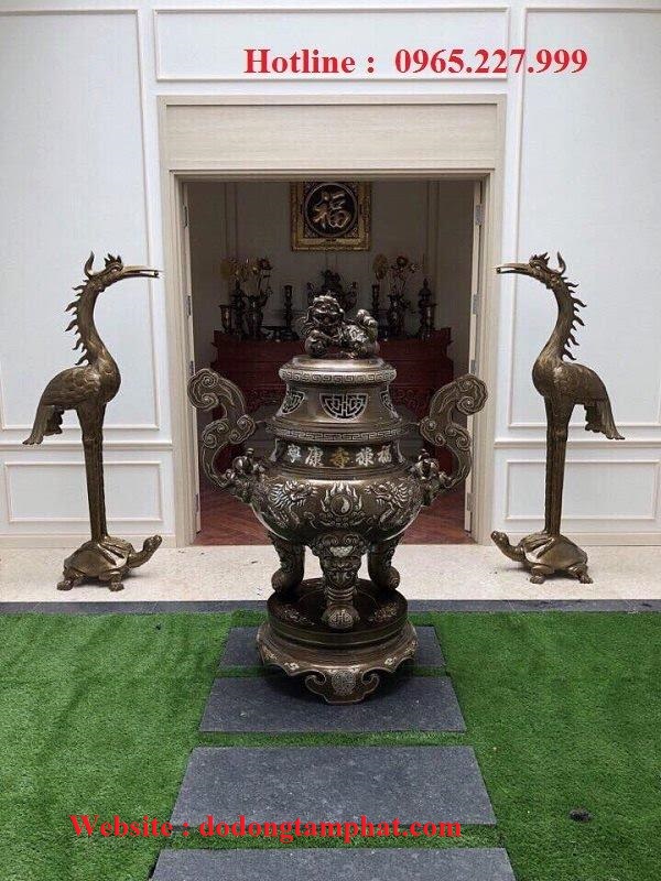 Đỉnh đồng mao rồng khảm tam khí tinh xảo kèm đôi hạc