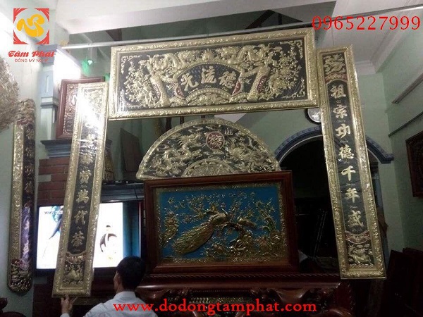 Hoành phi câu đối bằng đồng hun giả cổ 1m55