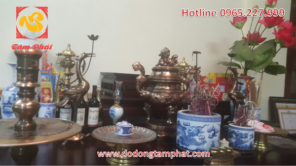 Bộ đồ thờ ngũ sự bằng đồng đỏ 5 chữ nổi Phúc Lộc Thọ Khang Ninh