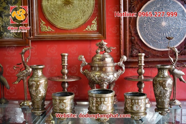 Bộ ngũ sự đỉnh đồng khảm ngũ sắc cao 50cm