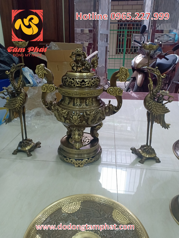 Bộ tam sự hun giả cổ cao 45cm, đỉnh đồng Phúc Lộc Thọ