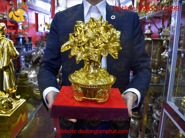 Cây tiền chiêu lộc bằng đồng thếp vàng 9999 cao 35cm