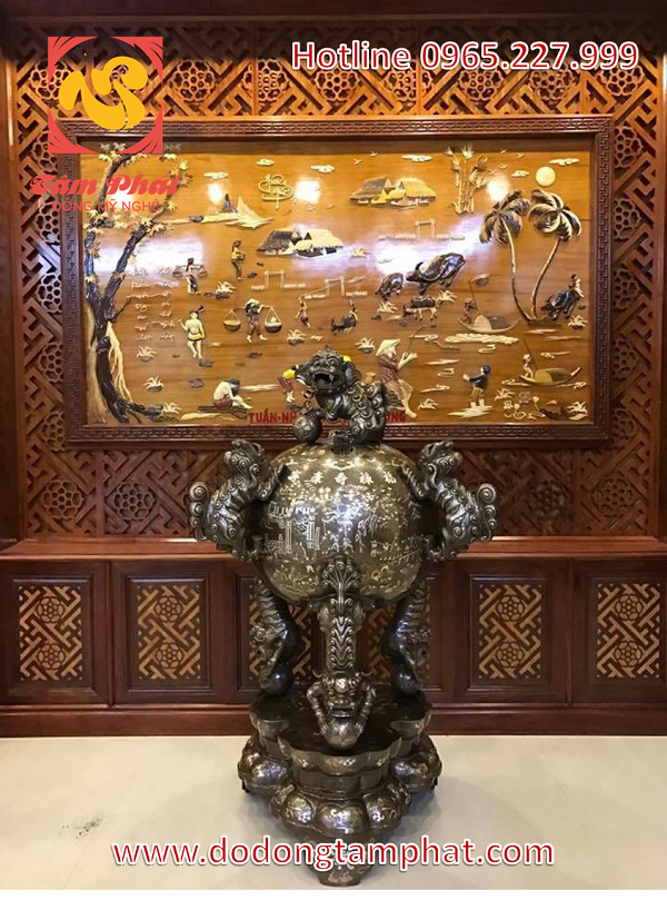 Đỉnh đồng thất lân vờn cầu cao 110cm khảm bạc hàng kỹ