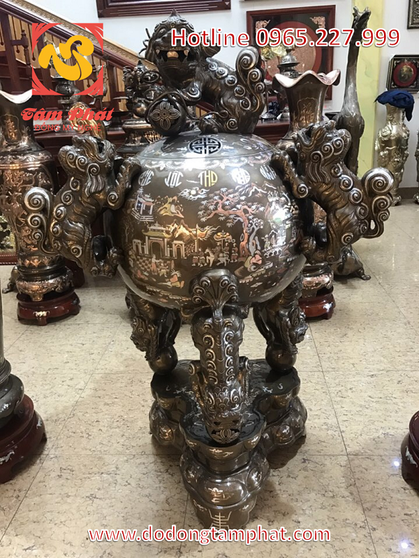 Đỉnh đồng thất lân vờn cầu khảm ngũ sắc cao 1m1