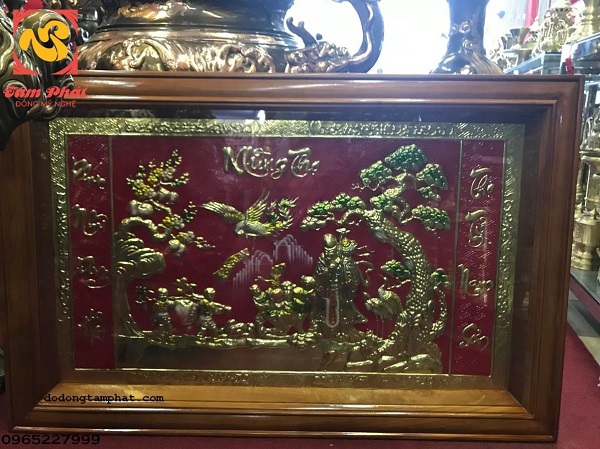 Tranh đồng mừng thọ cụ ông đẹp, họa tiết Tùng Hạc