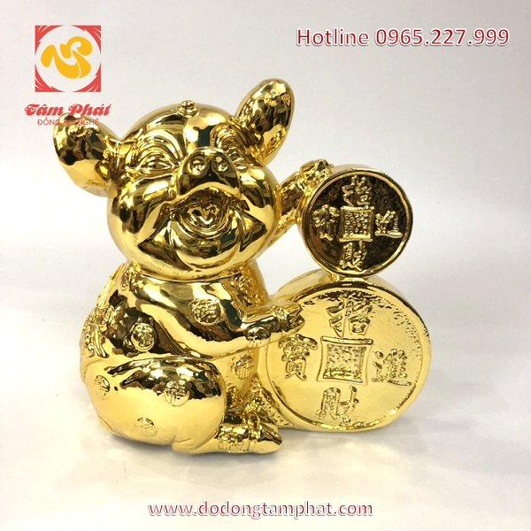 Tượng heo ôm tiền xu cổ bằng đồng mạ vàng 24k