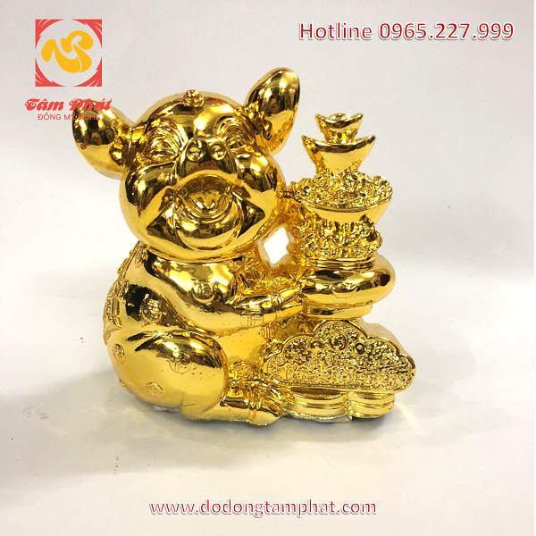 Tượng lợn phong thủy ngồi bên hũ tiền mạ vàng tinh xảo