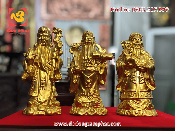 Bộ Tam đa Phúc Lộc Thọ bằng đồng thếp vàng đường nét sinh động