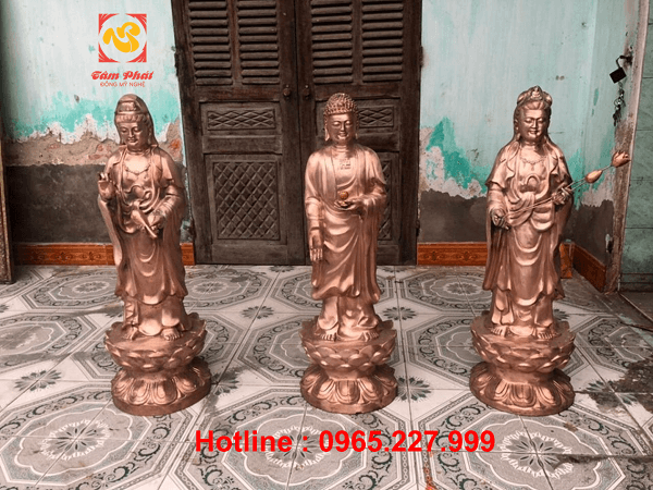 Bộ tượng Tây Phương Tam Thánh bằng đồng đỏ cao 90cm dát vàng 9999