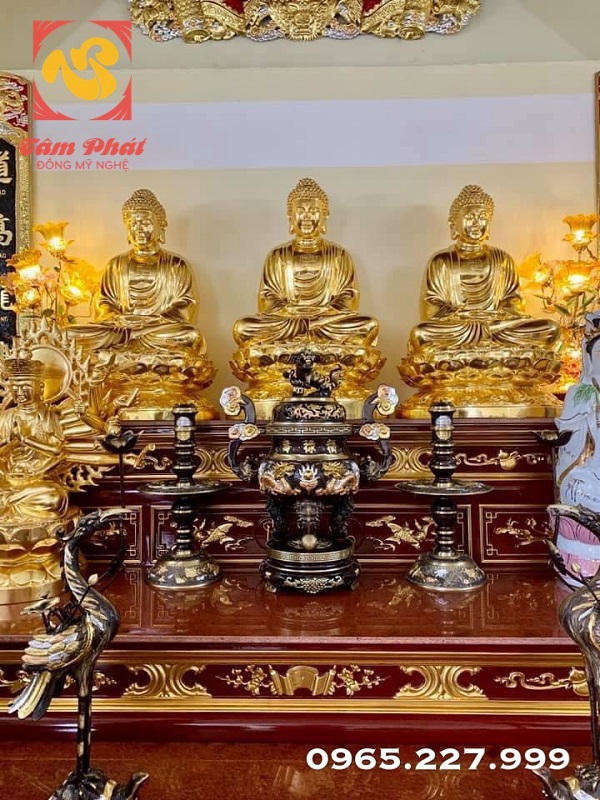 Tượng Tam Thế Phật cao 1m08 - đồng đỏ Dát vàng 9999