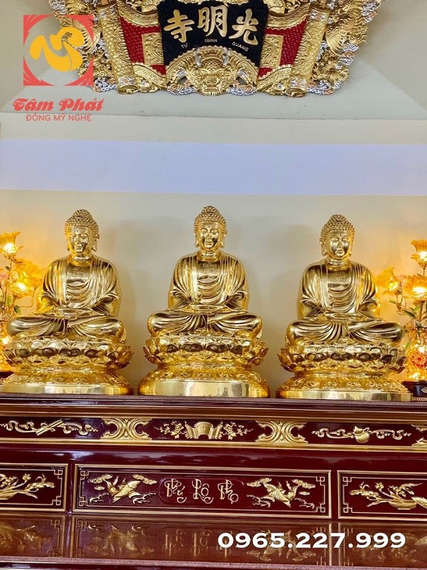 Tượng Tam Thế Phật cao 1m08 - đồng đỏ Dát vàng 9999