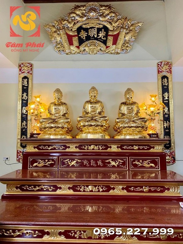 Tượng Tam Thế Phật cao 1m08 - đồng đỏ Dát vàng 9999