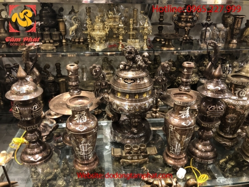 Bộ đồ thờ đồng đỏ khảm ngũ sắc